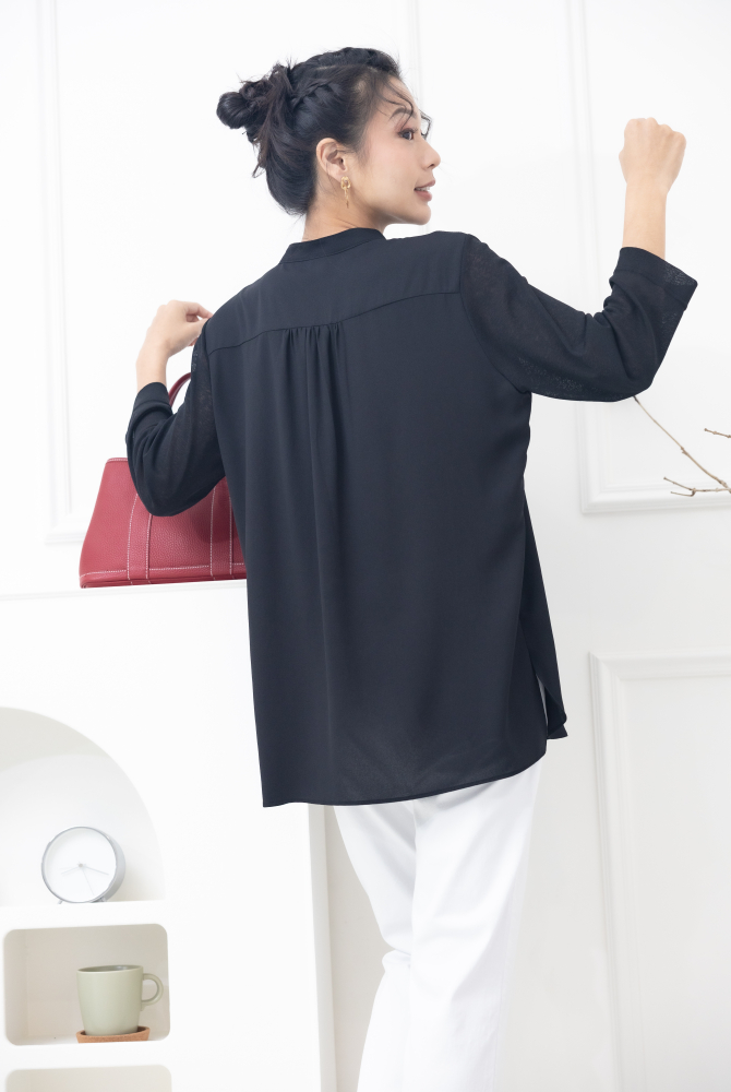 긴팔 雙層彈性紗袖雪紡上衣 / 黑色