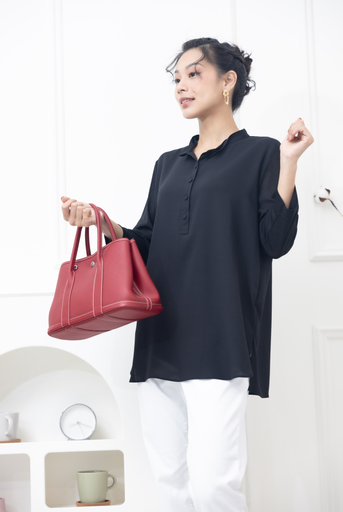 긴팔 雙層彈性紗袖雪紡上衣 / 黑色