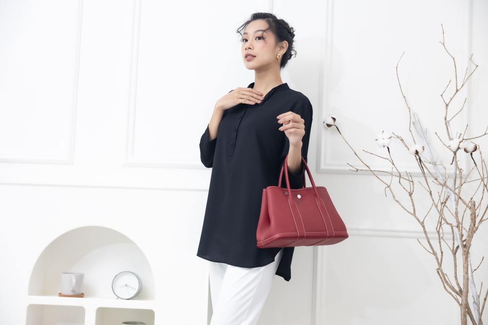 긴팔 雙層彈性紗袖雪紡上衣 / 黑色