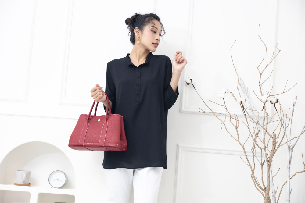 긴팔 雙層彈性紗袖雪紡上衣 / 黑色