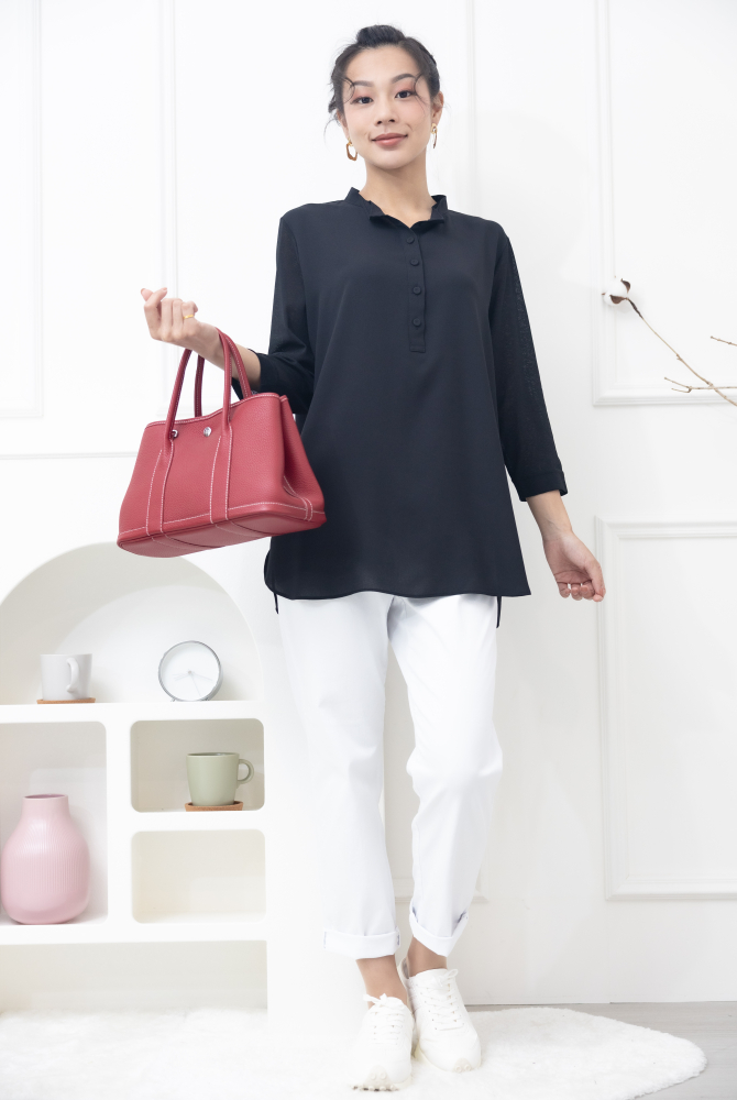 긴팔 雙層彈性紗袖雪紡上衣 / 黑色