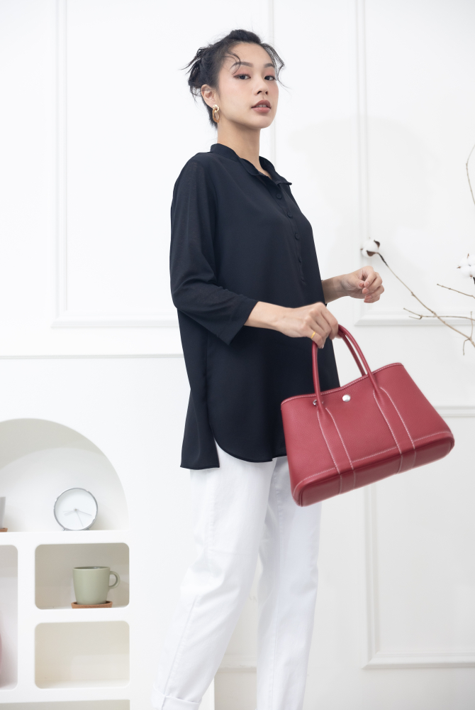 긴팔 雙層彈性紗袖雪紡上衣 / 黑色