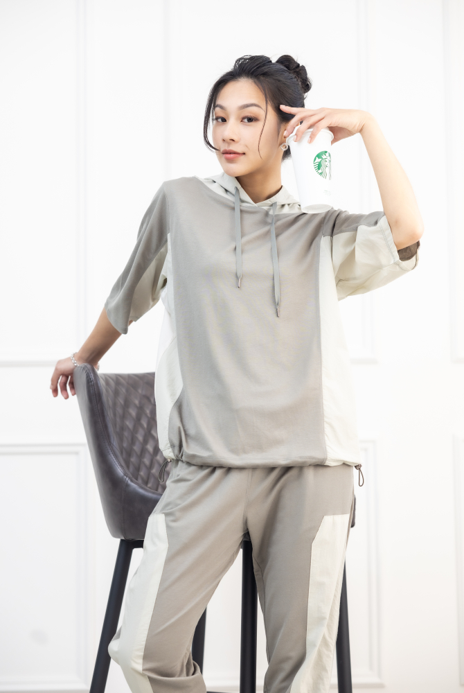 긴팔 撞色七分袖上衣 / 深淺灰