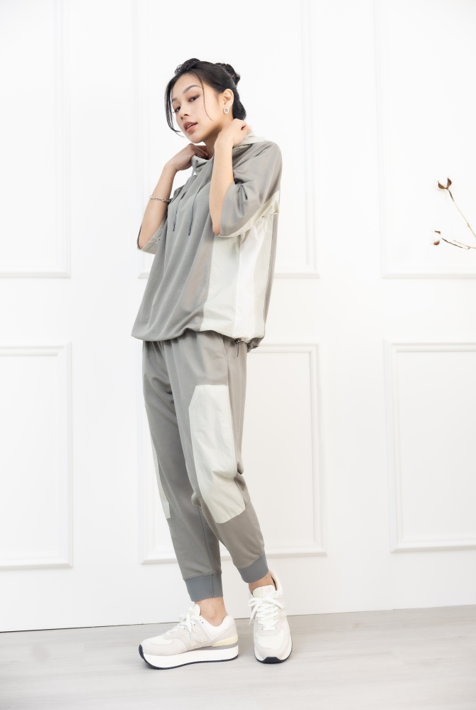 긴팔 撞色七分袖上衣 / 深淺灰