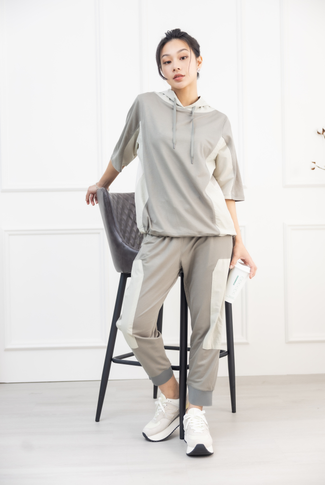 긴팔 撞色七分袖上衣 / 深淺灰