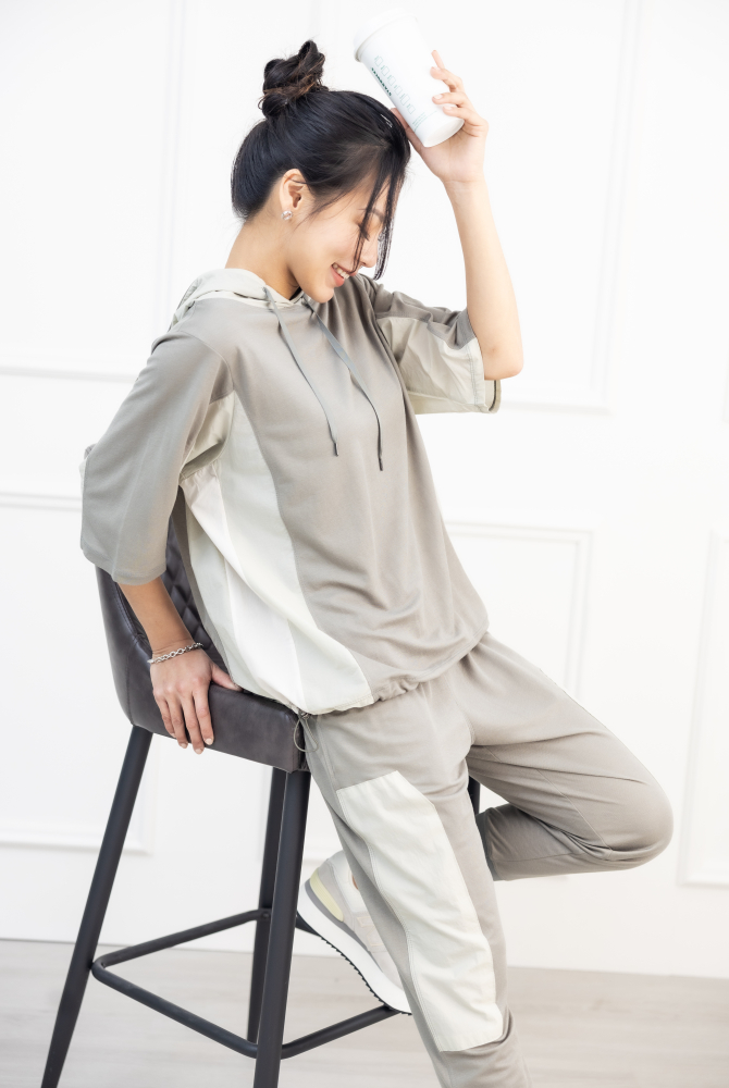 긴팔 撞色七分袖上衣 / 深淺灰