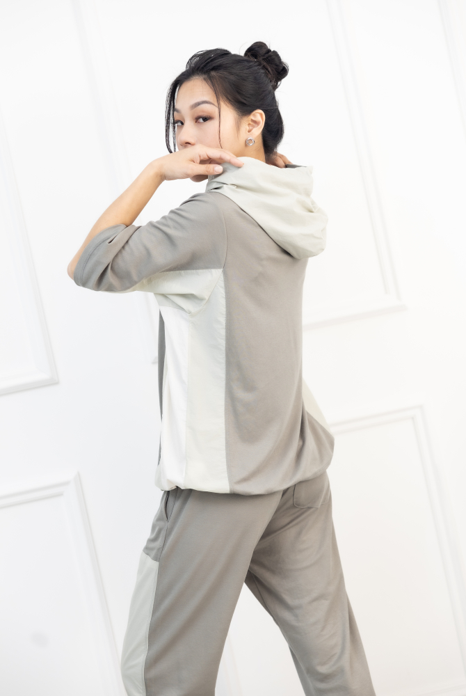 긴팔 撞色七分袖上衣 / 深淺灰