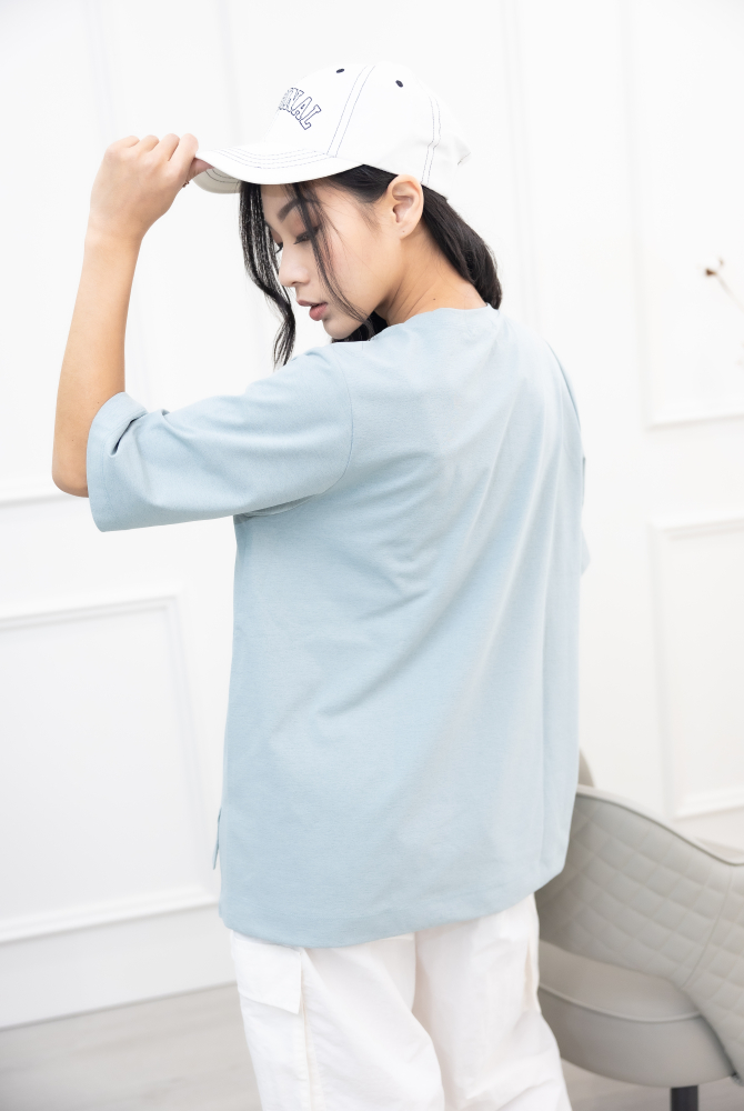 반팔 白線樓梯短袖上衣 / 淺藍色