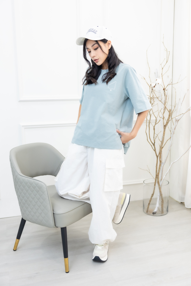 반팔 白線樓梯短袖上衣 / 淺藍色