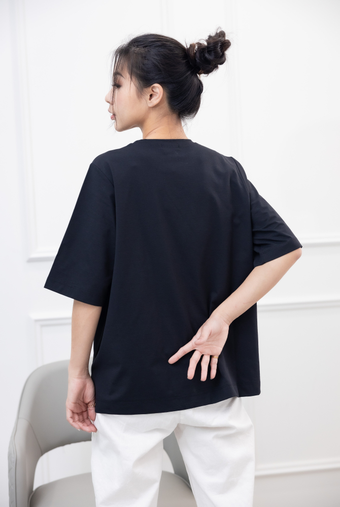 반팔 白線樓梯短袖上衣 / 黑色