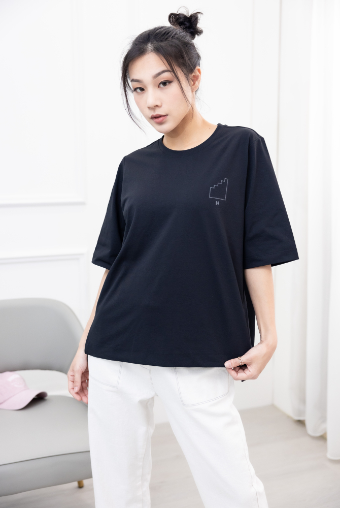 반팔 白線樓梯短袖上衣 / 黑色