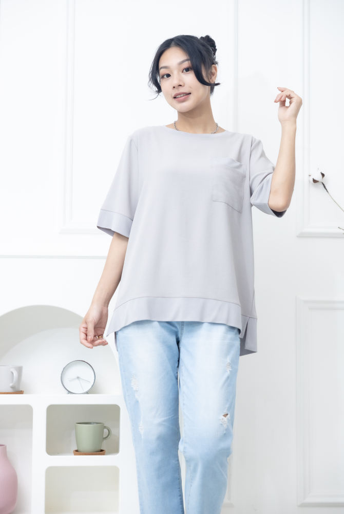 반팔 胸前口袋彈性纖維上衣 / 米灰色