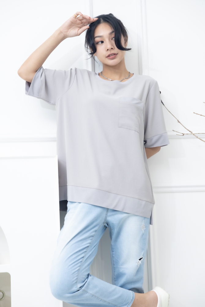 반팔 胸前口袋彈性纖維上衣 / 米灰色