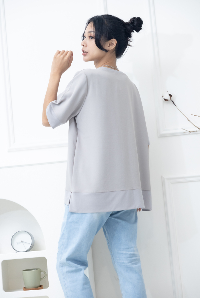 반팔 胸前口袋彈性纖維上衣 / 米灰色