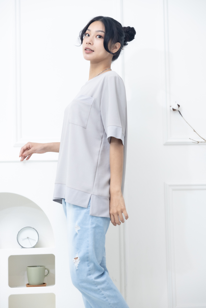 반팔 胸前口袋彈性纖維上衣 / 米灰色