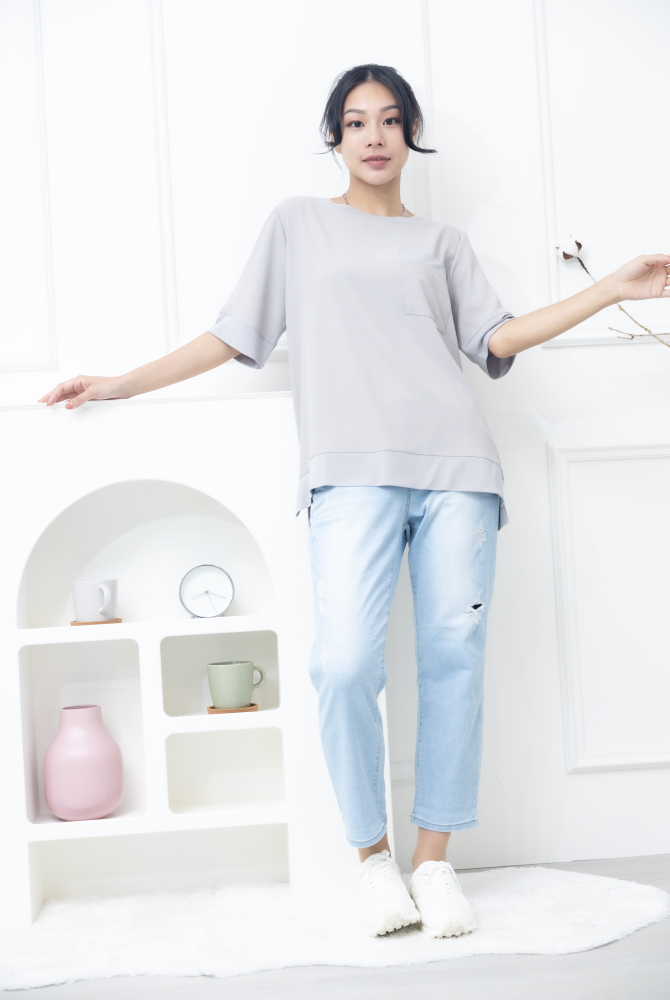 반팔 胸前口袋彈性纖維上衣 / 米灰色