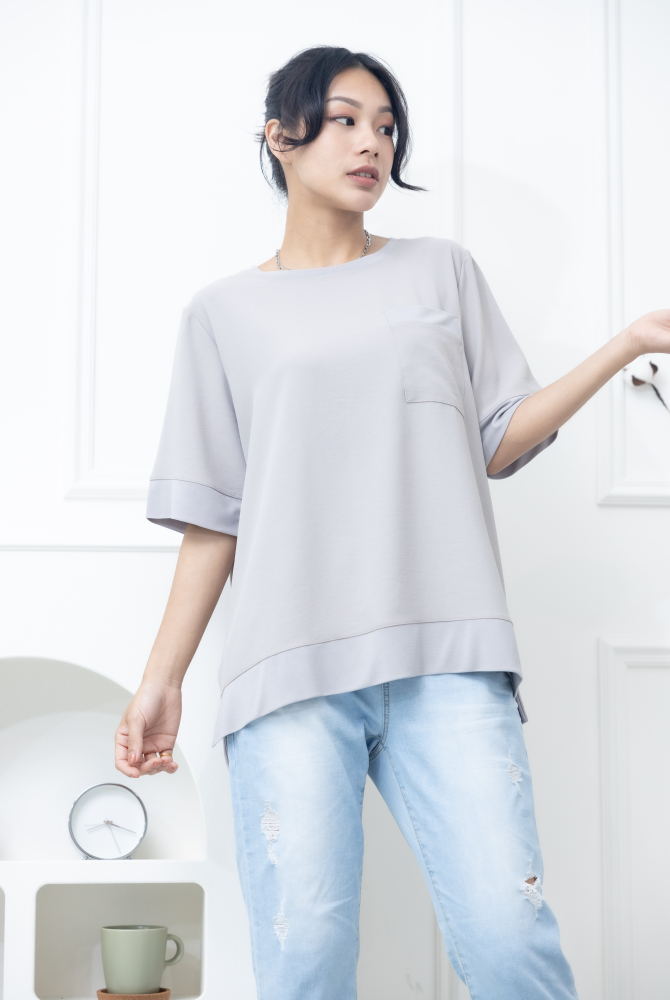 반팔 胸前口袋彈性纖維上衣 / 米灰色