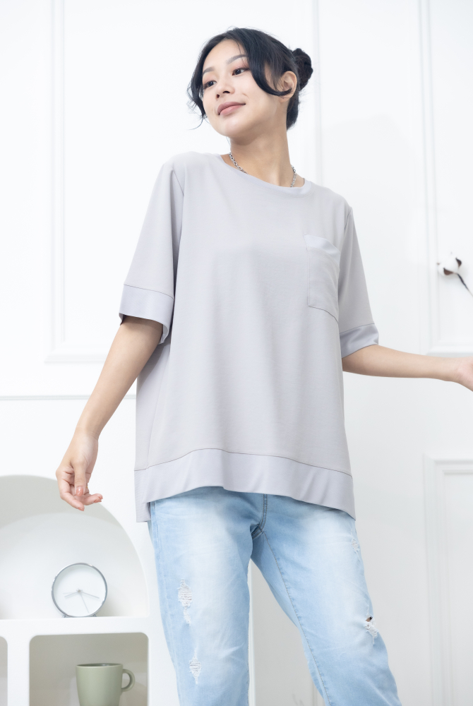 반팔 胸前口袋彈性纖維上衣 / 米灰色