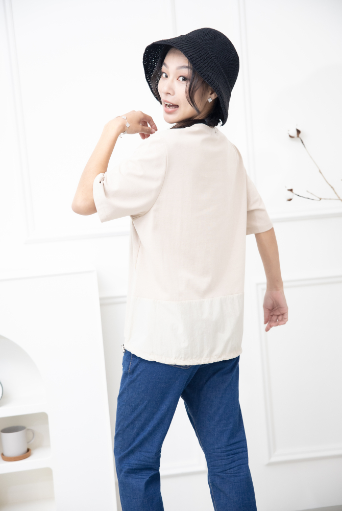 반팔 M字花紋刺繡短袖上衣 / 米漿色