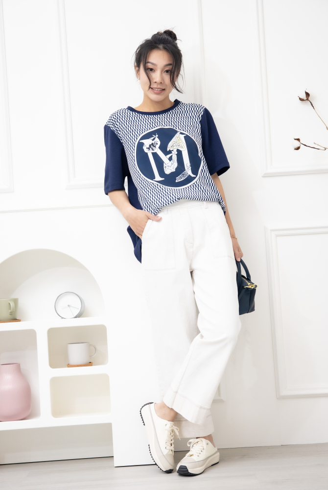 반팔 M字灰色格子短袖上衣 / 深藍色