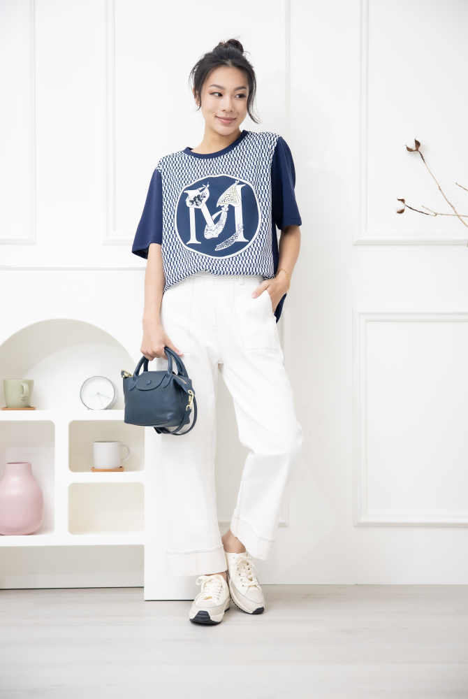 반팔 M字灰色格子短袖上衣 / 深藍色