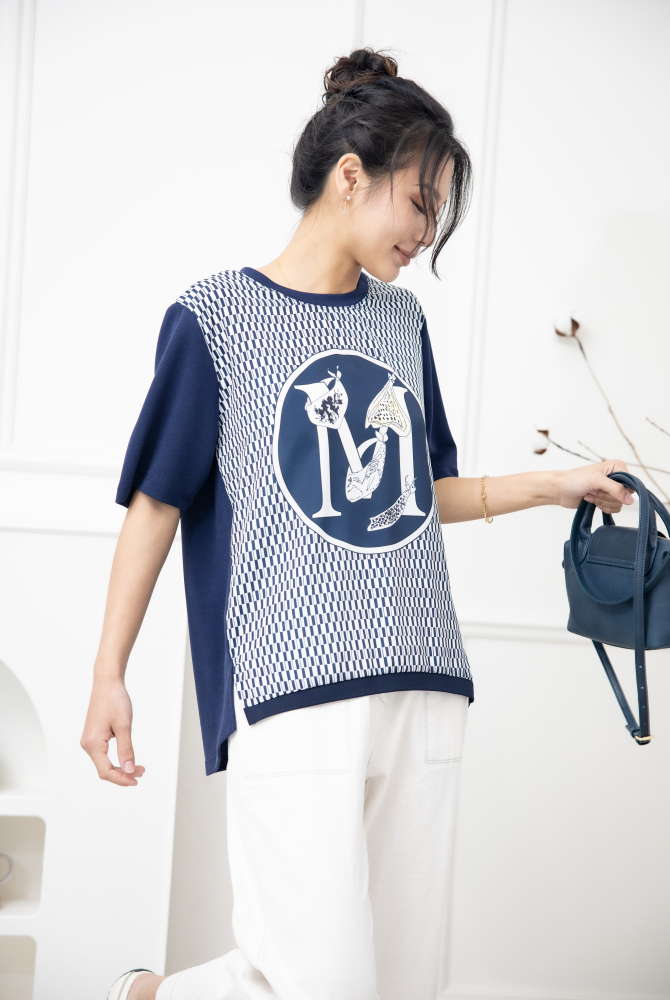 반팔 M字灰色格子短袖上衣 / 深藍色