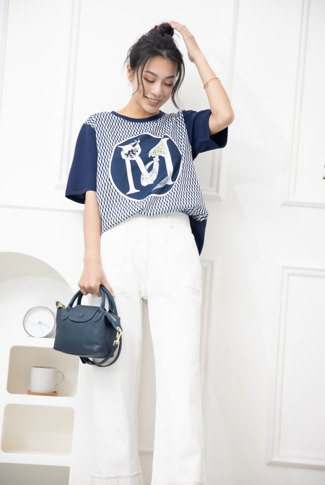 반팔 M字灰色格子短袖上衣 / 深藍色