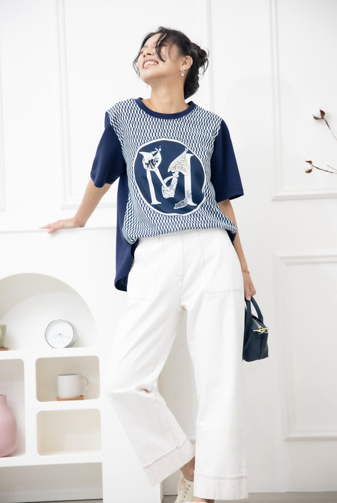 반팔 M字灰色格子短袖上衣 / 深藍色