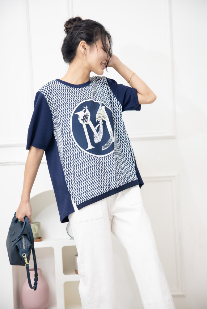 반팔 M字灰色格子短袖上衣 / 深藍色