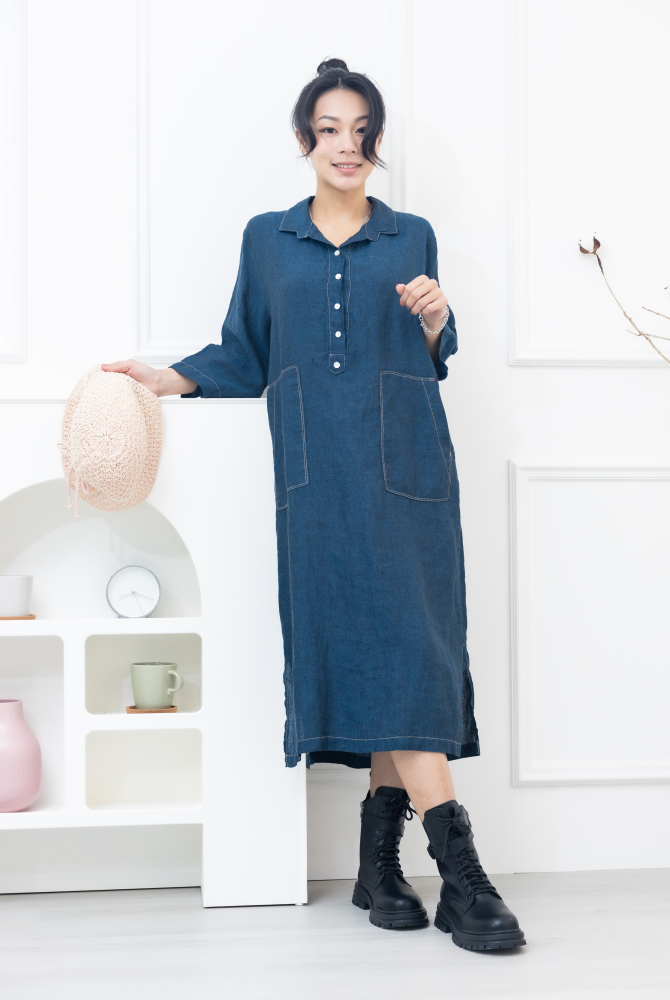 원피스 襯衫領大口袋棉麻洋裝 / 深藍色