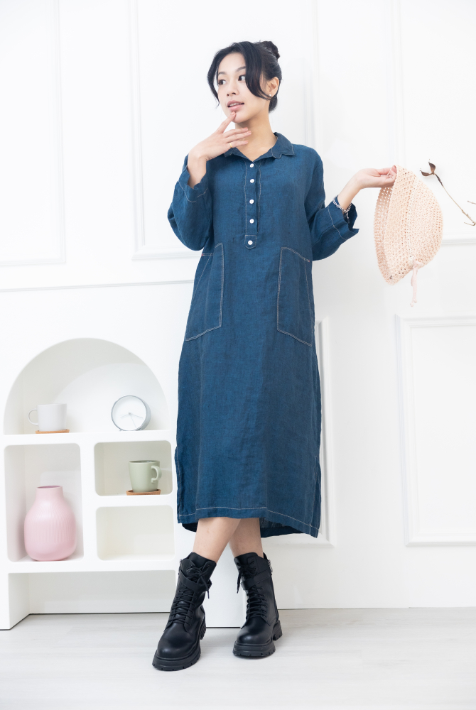 원피스 襯衫領大口袋棉麻洋裝 / 深藍色