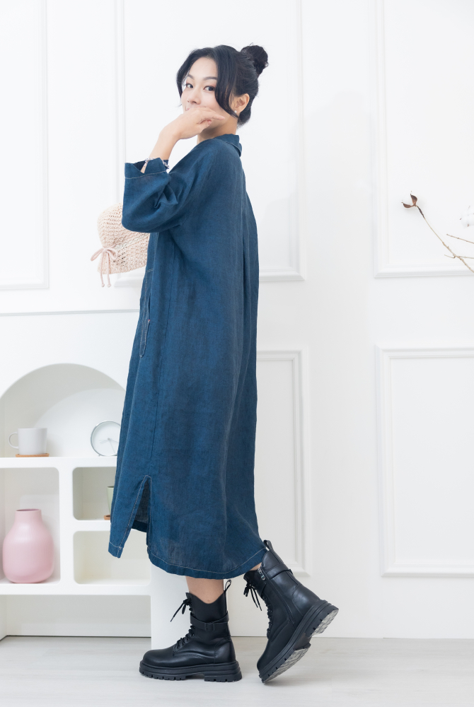 원피스 襯衫領大口袋棉麻洋裝 / 深藍色