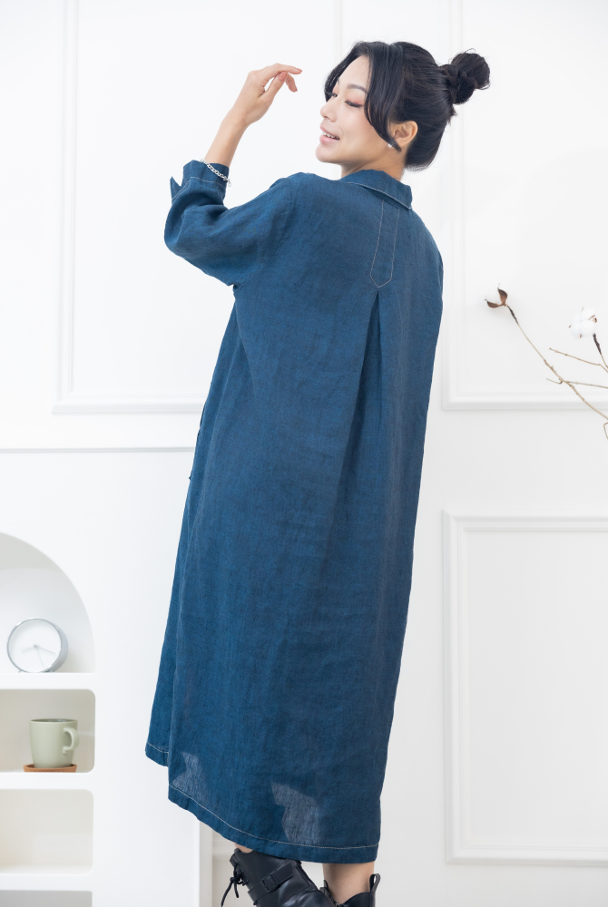 원피스 襯衫領大口袋棉麻洋裝 / 深藍色