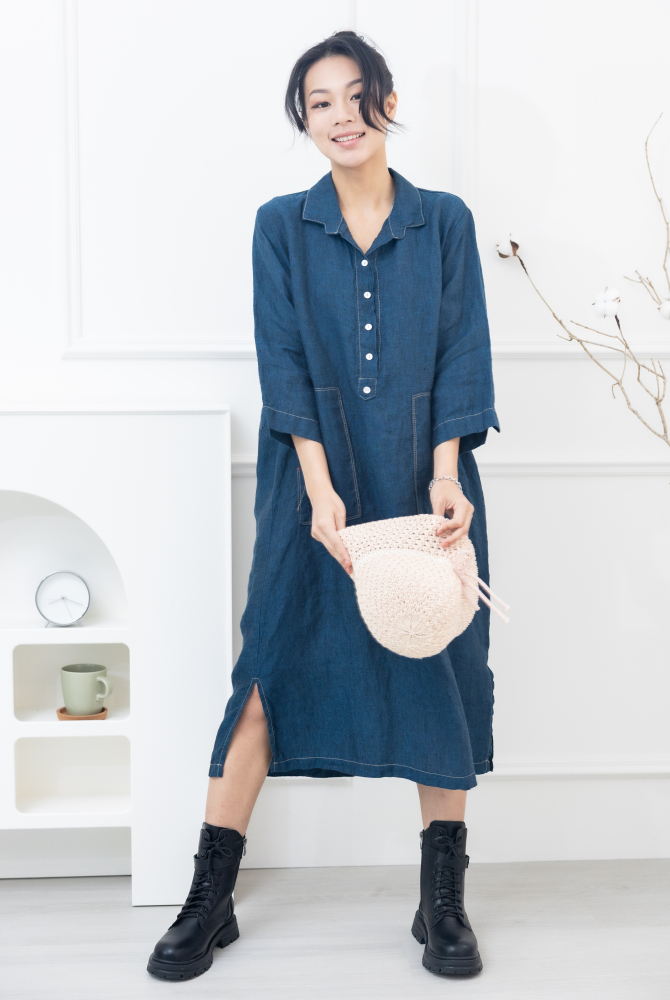 원피스 襯衫領大口袋棉麻洋裝 / 深藍色