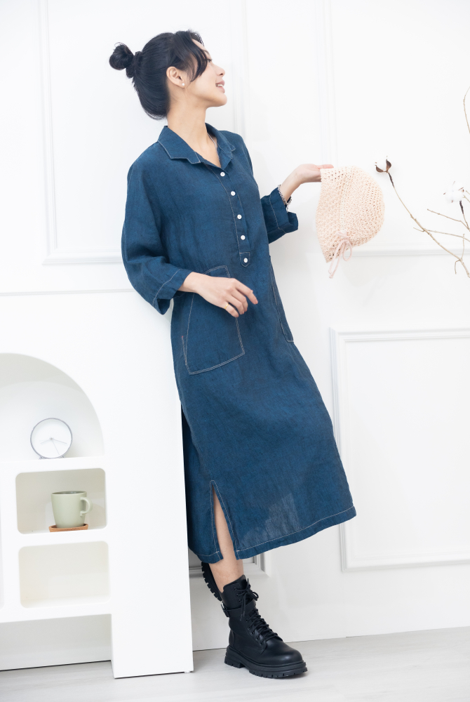 원피스 襯衫領大口袋棉麻洋裝 / 深藍色