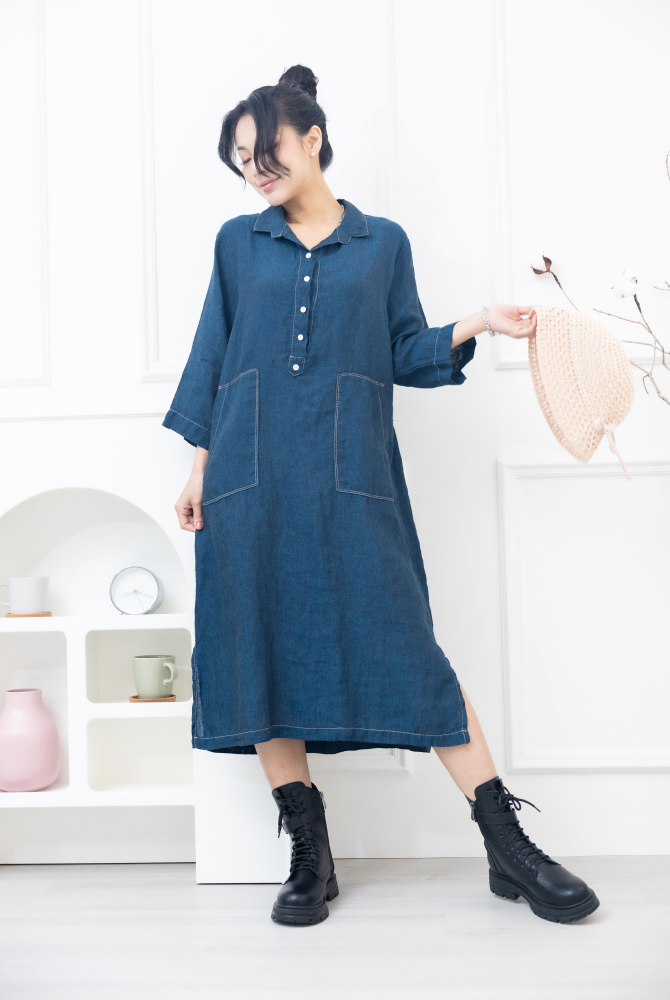 원피스 襯衫領大口袋棉麻洋裝 / 深藍色