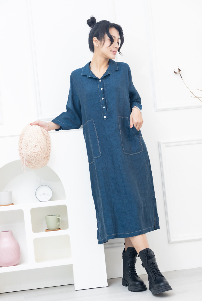 원피스 襯衫領大口袋棉麻洋裝 / 深藍色