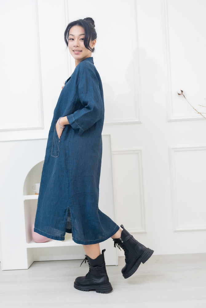 원피스 襯衫領大口袋棉麻洋裝 / 深藍色