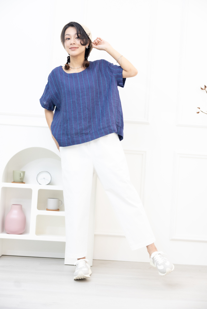 긴 바지 繭型抽繩寬管褲 / 米白色