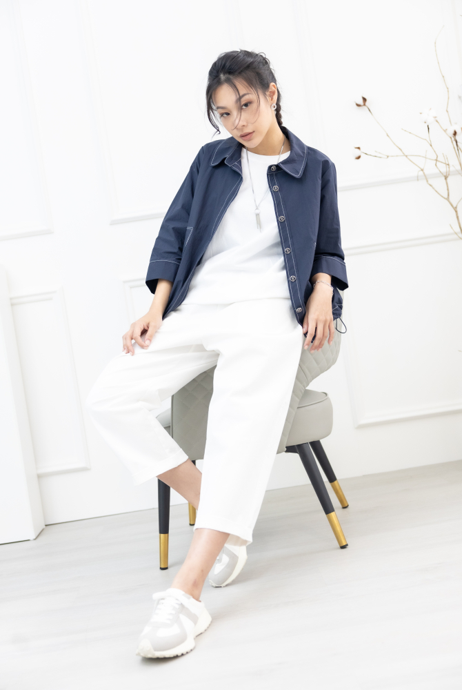 긴 바지 繭型抽繩寬管褲 / 米白色