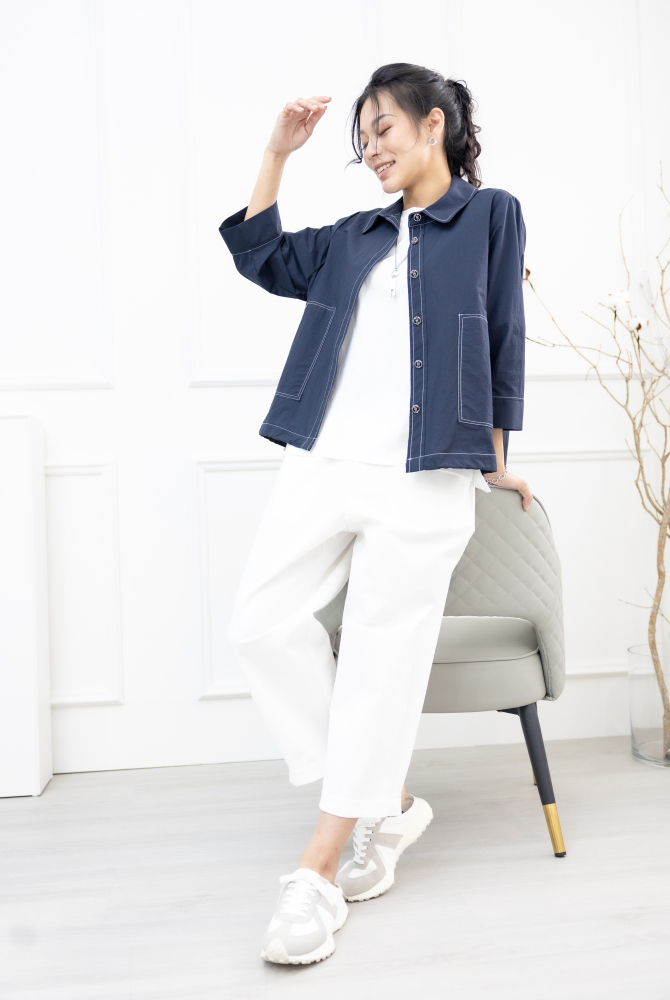 긴 바지 繭型抽繩寬管褲 / 米白色