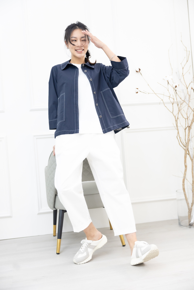 긴 바지 繭型抽繩寬管褲 / 米白色