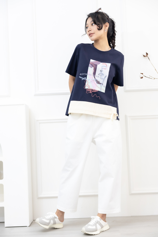 긴 바지 繭型抽繩寬管褲 / 米白色