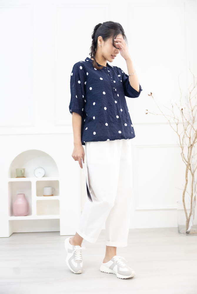 긴 바지 繭型抽繩寬管褲 / 米白色