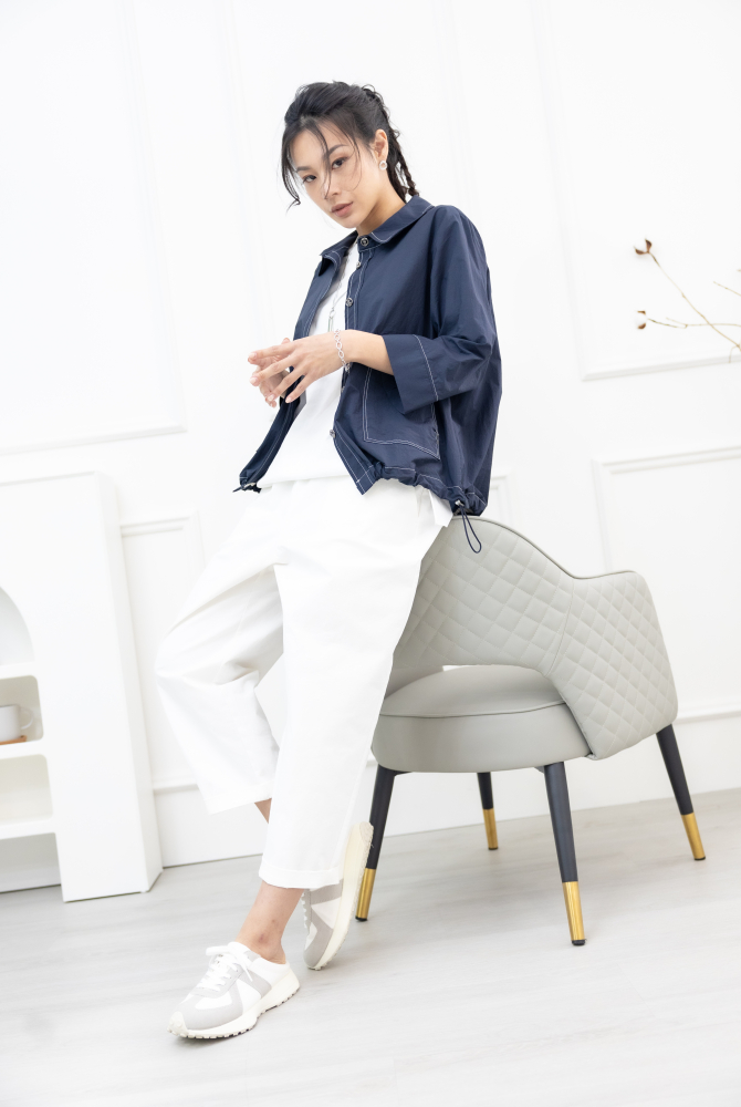 긴 바지 繭型抽繩寬管褲 / 米白色