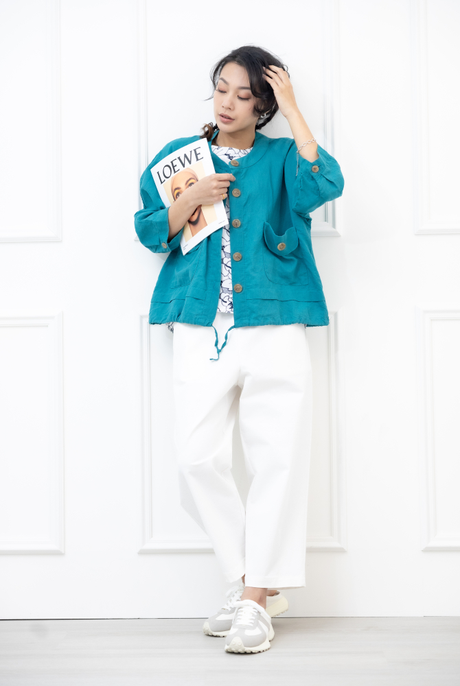 긴팔 大鈕扣七分袖外套 / 湖水藍色