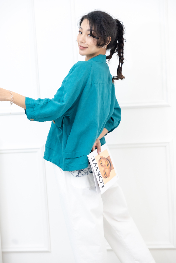 긴팔 大鈕扣七分袖外套 / 湖水藍色