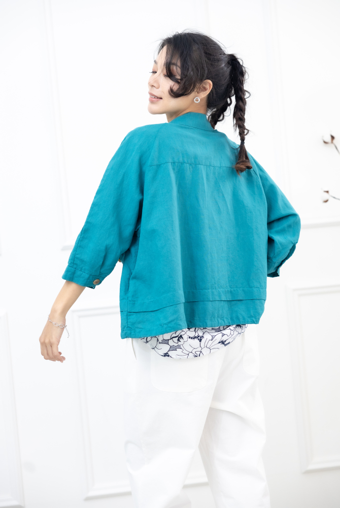 긴팔 大鈕扣七分袖外套 / 湖水藍色