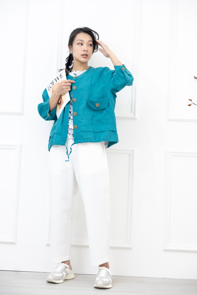 긴팔 大鈕扣七分袖外套 / 湖水藍色