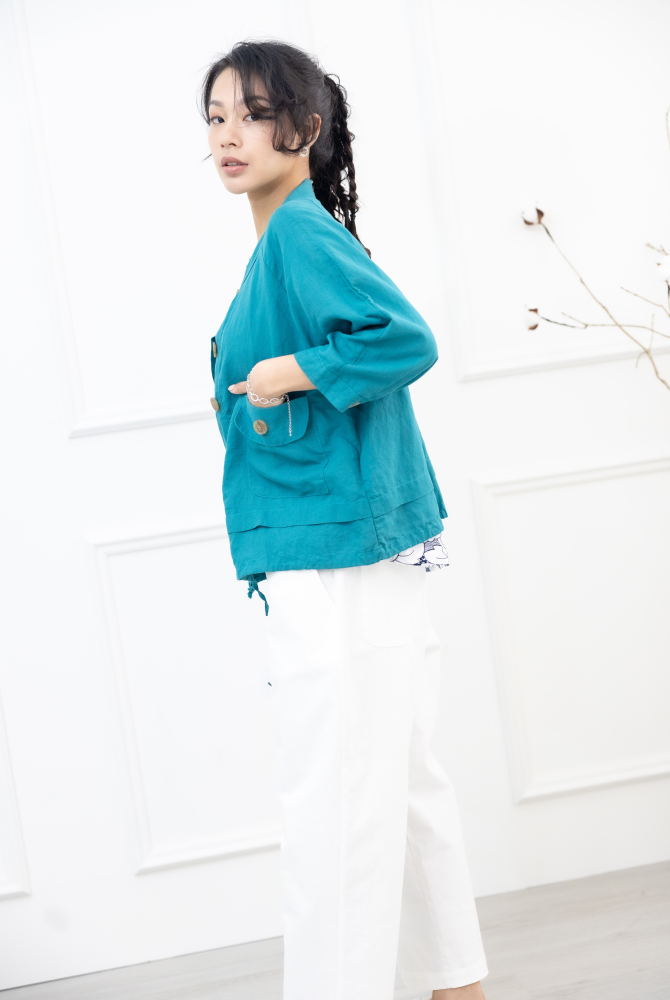 긴팔 大鈕扣七分袖外套 / 湖水藍色